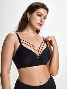 Slumbrini Plus Size Solid Harness Underwire Casual-Comfy Balconette Bra, Lift - Black - View 6