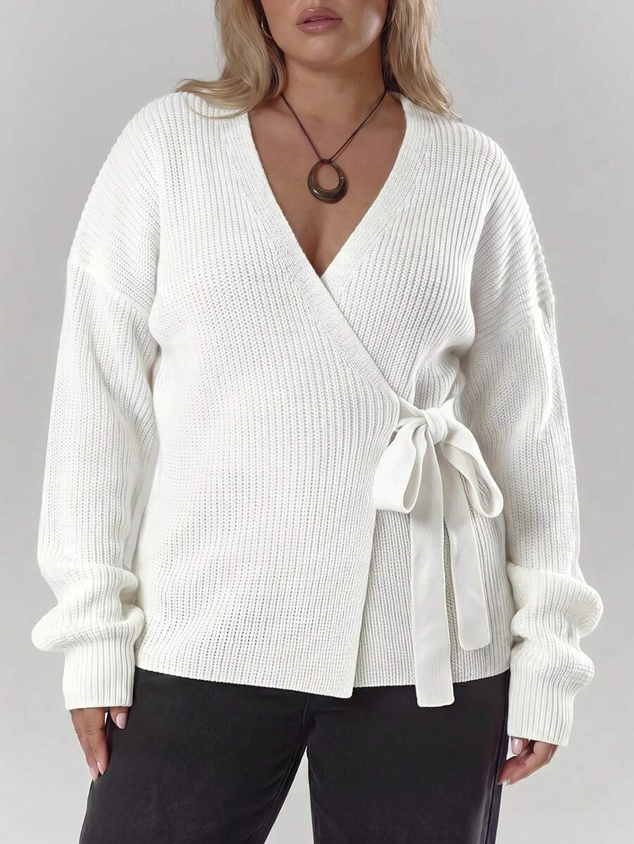 SHEIN Cottnline 女式系带休闲开衫,大码 - 白色 - 查看 1