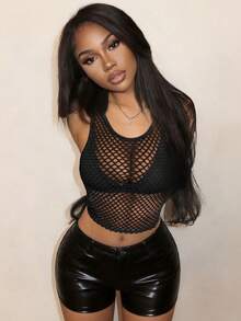 BamGleam Débardeur sans manches en résille noire style Hot Girl, top court sexy transparent en maille, couche intérieure/extérieure polyvalente - Noir - Voir 2
