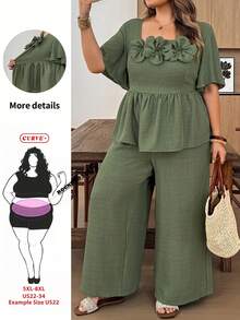 SHEIN CURVE+ Plus Size 3D Floral Decor Ruffle Hem Top And Loose Long Pants 2 Pieces Set - Army Green - View 1