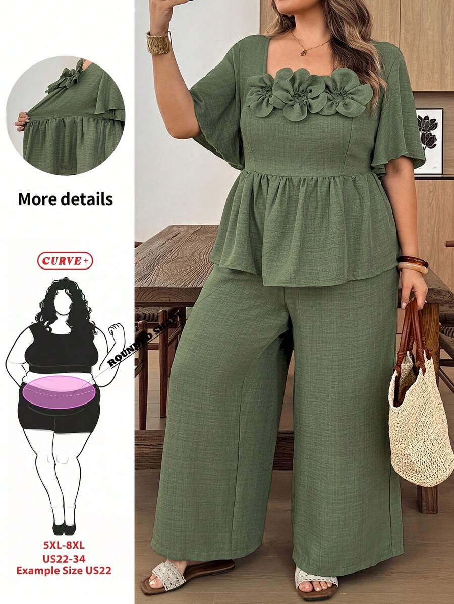 SHEIN CURVE+ Plus Size 3D Floral Decor Ruffle Hem Top And Loose Long Pants 2 Pieces Set - Army Green - View 1