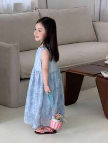DAZY Infant/Toddler (Girl) Round Neck Sleeveless Patchwork Korean Style Spring/Summer Dress - Blue - View 1