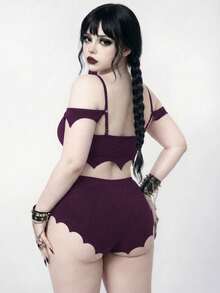 ROMWE Goth 2026新款春夏大尺碼女款泳衣套裝，度假海灘穿搭 - 紫色 - 查看 2