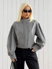 SHEIN EZwear 女款灰色立領燈籠袖短版夾克 - 灰色 - 查看 5