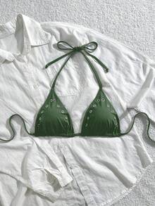 Oceva 女款夏季海灘度假極簡純色孔眼細節露背繫帶比基尼上衣 - 綠色 - 查看 6