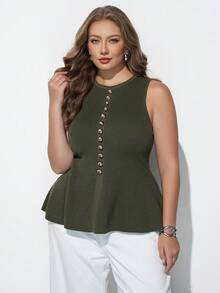 Maija Plus Size Women Solid Color Button Round Neck Sleeveless Knit Top ...