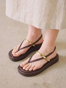HighSole 女款舒適休閒厚底夾腳涼鞋 綁帶方頭 夏季日常通勤極簡咖啡色厚底涼鞋 - 咖啡棕 - 查看 2