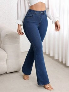 SHEIN ICON 大尺碼休閒水洗修身喇叭牛仔褲 - 深色水洗藍 - 查看 3