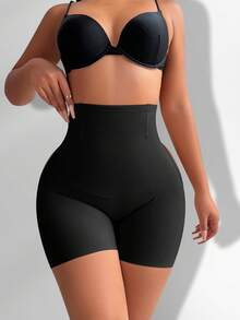 SHEIN Calzoncillos tipo bóxer de cintura alta con control de abdomen y moldeado para mujer, unicolor - Negro - Ver 5