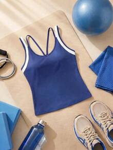 SHEIN Cheerettes Women's Plus Size Colorblock Casual Fitness Sports Tank Top - Blue - View 1
