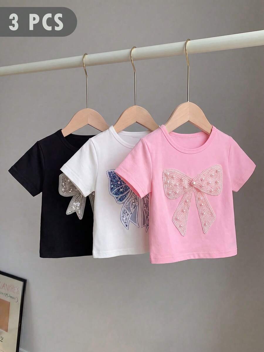3件套女童休闲上衣,春夏秋季款,蝴蝶结装饰印花,舒适日常穿着 - 彩色 - 查看 1