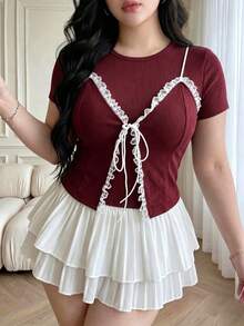 Vibekara Kaos Patchwork Renda Seksi Minimalis Ukuran Plus 2 in 1 - Burgundy - View 1