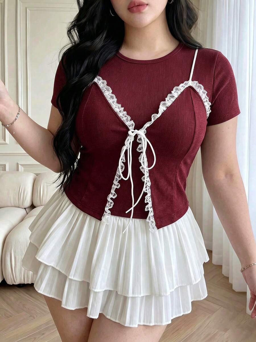 Vibekara Kaos Patchwork Renda Seksi Minimalis Ukuran Plus 2 in 1 - Burgundy - View 1