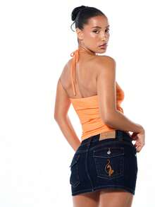 BABYPHAT Plus Size Halter Neck Crop Top With Ring Detail And All-Over Logo Script Print - Orange - View 2