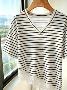 Franclia New Spring/Summer Round Neck Short Sleeve Lace Hem Black And White Striped T-Shirt Travel Casual French - Multicolor - View 3