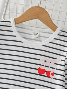 SHEIN Genkimix Kids 女童櫻桃印花條紋長袖上衣與長褲家居服套裝 - 藍白色 - 查看 6
