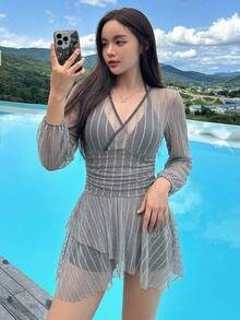 DAZY Women's Striped V-Neck Ruched One-Piece Swimsuit, Suitable For Beach Vacation, Pool Party, Beach Party Summer - Grey - View 5