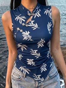 SHEIN 女款植物印花鈕扣設計不對稱下擺背心 - 藏蓝色 - 查看 1