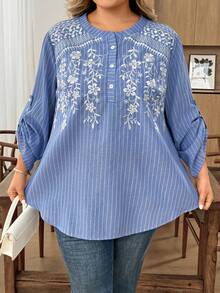 SHEIN CURVE+ New Embroidered Striped Casual Comfortable Daily Versatile Vacation Long Sleeve Shirt Fall - Blue - View 3
