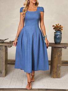 Elenzga Women's Summer Casual Square Neck Denim Dress - Blue - View 14