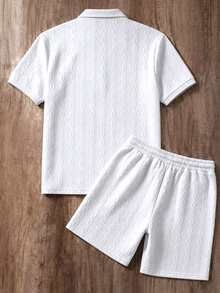 EGENSIO Men's Knitted Jacquard Solid Color Textured Pure White Collar & Cuffs Flat Knit Zipper Denim White Rope Polo Set - White - View 2