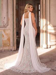 Glamrae Plus Size Elegant Classy Stretchy Lace Ruched Strapless Mermaid Dress Detachable Flounce Wedding Dinner Evening Formal Bachelorette Pink Winter - White - View 5