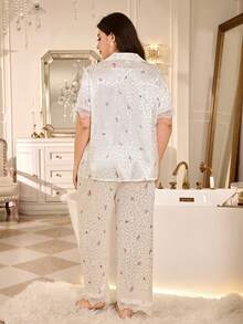 SHEIN Plus Size Elegant Faux Silk Floral Leopard Print Jacquard Contrast Lace Pajama Set - White - View 3
