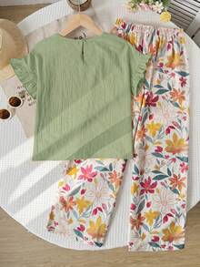 SHEIN 青少年女孩 T-Shirt 套裝 梭織純色荷葉袖 T-Shirt 與碎花長褲休閒套裝 - 綠色 - 查看 2