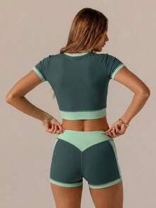 Aralina Women's Colorblock Patchwork Cropped Top & Shorts Sports Set - Green - View 2