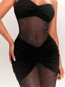Radiana Women's Summer Sexy Elegant Unique Coffee Brown Glitter Mesh Dress, Fitted Mermaid Tail Dress, Long Dress, Island Vacation Dress, Beach Dress - Black - View 8