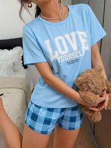 Tween Girls Pajamas Comfortable Fashionable Printed Elegant Short Sleeve Shorts 2 Pieces Set Loungewear - Blue and White - View 1