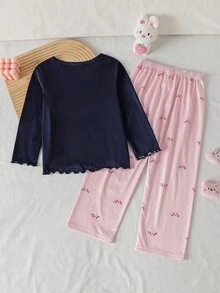 SHEIN Genkimix Kids 女童圓領卡通印花長袖上衣與長褲休閒日常居家睡衣套裝 - 藏蓝色 - View 2