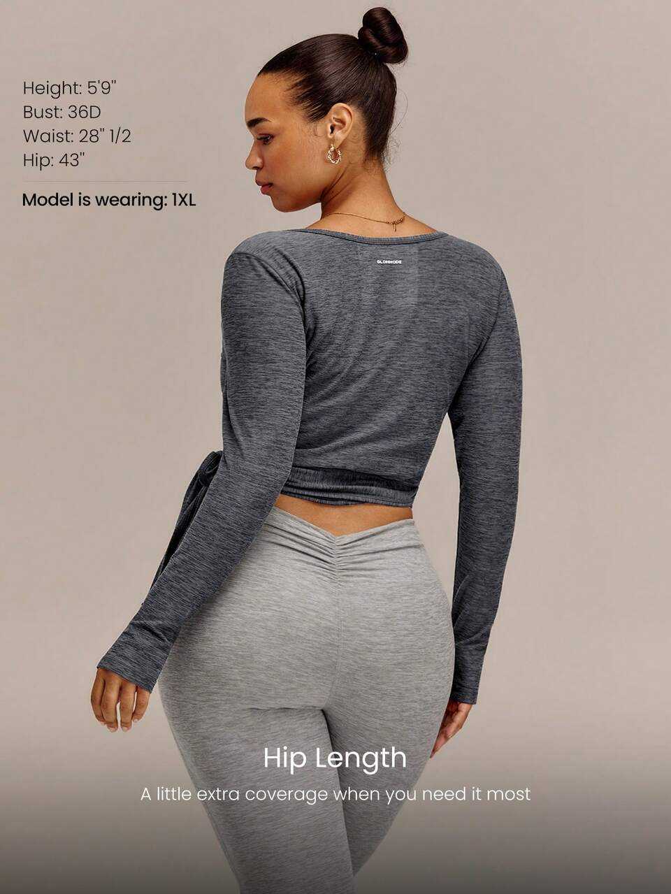 FeatherFit™-CloudBlend Elegant Flow Hip Length Deep V-Neck Long Sleeve Wrap Top With Thumbholes Plus Size Ballet Barre Studio Daily Casual