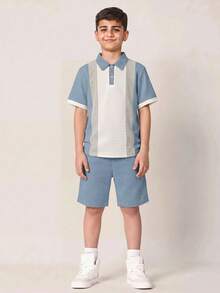 SHEIN 大童男孩 2件組休閒拼色拼接短袖 Polo 衫與鬆緊腰短褲套裝，適合秋冬春夏，戶外玩耍、上學、街頭穿搭、派對與居家休閒 - 藍色 - 查看 3