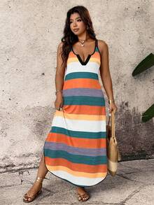 Breezaya Spring Summer Autumn Casual Comfortable Striped Fabric Shoulder Strap Design Multi-Color Plus Size Dress - Multicolor - View 4