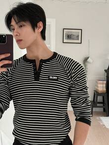 DAZY Camiseta de manga larga con diseño de rayas y botones tipo raglán para hombre, otoño - Multicolor - Ver 3