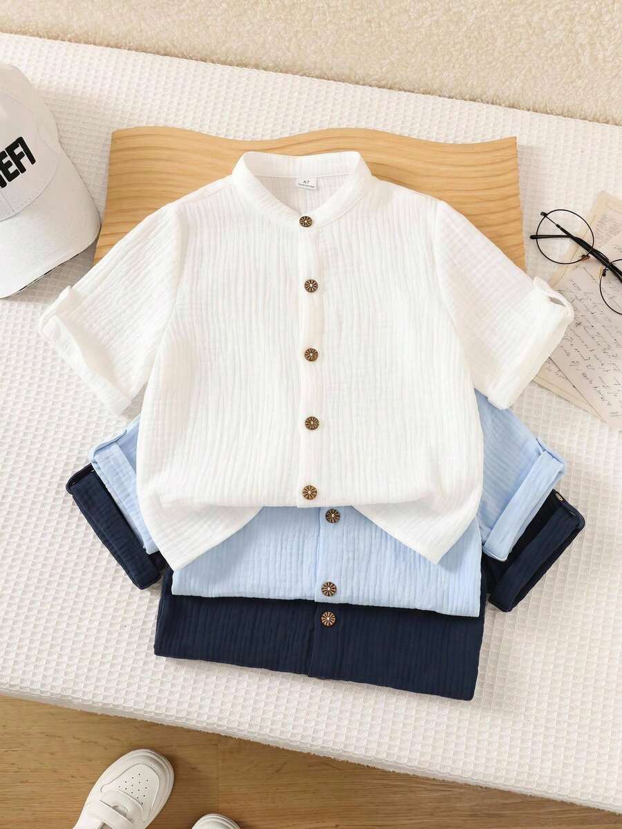 SHEIN 1件男童休閒學院風舒適立領百搭白色百搭襯衫 - 白色 - 查看 1
