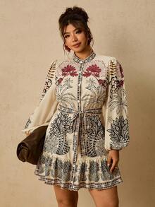 Travachic Plus Size Women's Tropical Plant Print Long Sleeve Dress, Suitable For Vacation/Casual Wear, Autumn/Winter Wear Fall - Brown - View 9