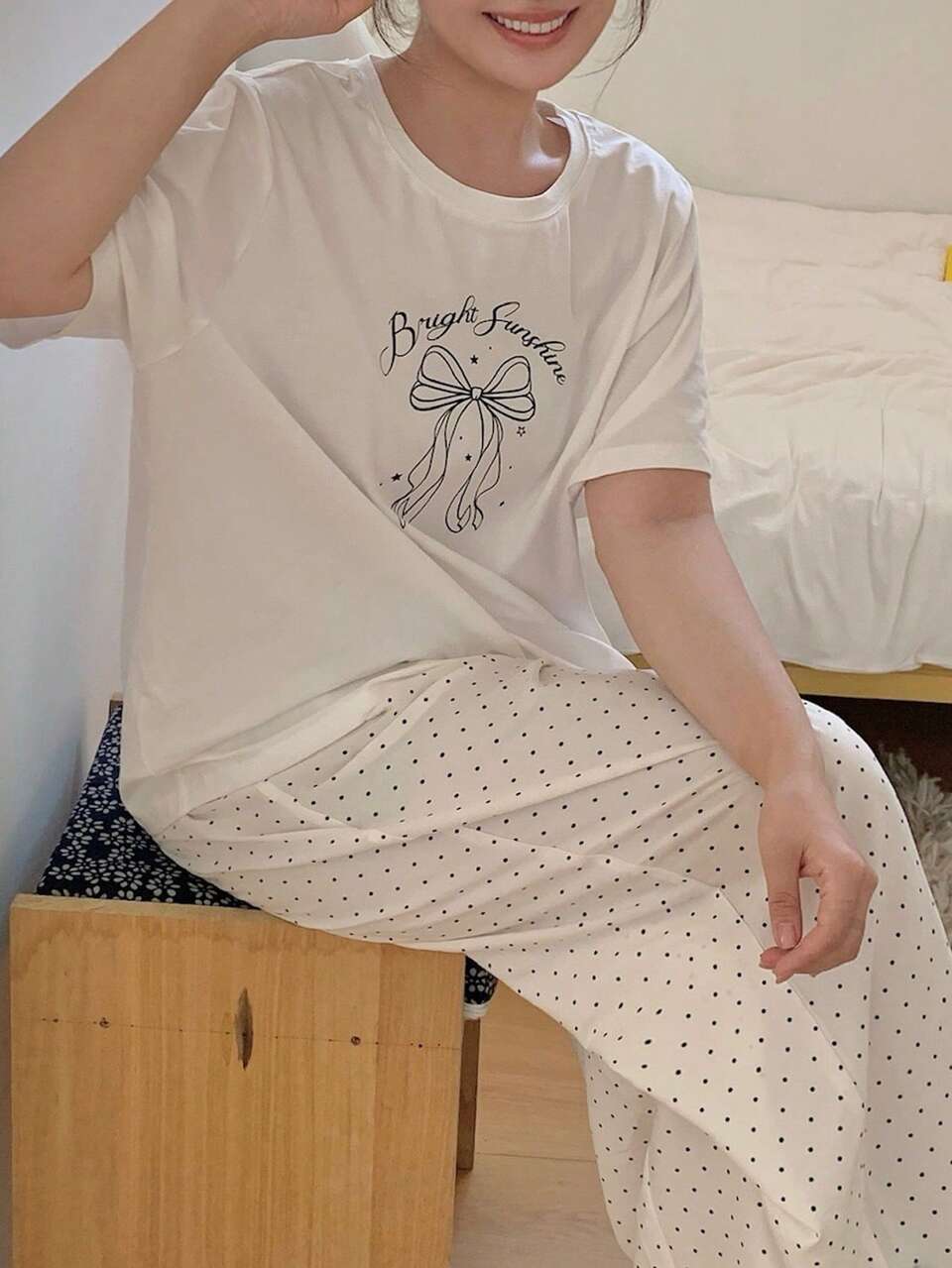 Dazy Plus Bow Print White Short Sleeve Top & Polka Dot Long Pants Cute Spring/Summer Pajama Set