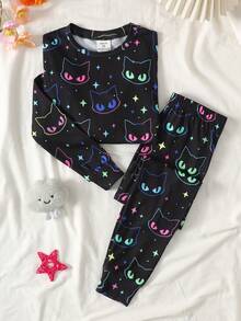 SHEIN Tween Girl Tween Girl Fluorescent Cartoon Cat Pattern Long Sleeve Pants Casual Comfortable Home Sleepwear Set 2pcs Tight Fall/Winter Outfits - Multicolor - View 7