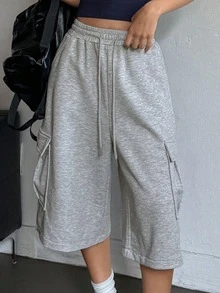 DAZY Women's Casual Solid Color Cargo Pants, Summer Petite - Grey - View 4