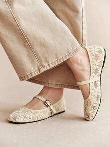 Rosivie Women's Beige Mesh Embroidered Square Toe Comfortable Back Strap Casual Commute Flat Shoes Fall Shoes - Off-white - View 4