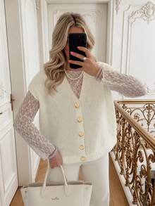 SHEIN Holidaya Plus-Size Women's Spring/Fall Casual Style: Simple, Versatile, And Feminine. Solid-Color, Soft And Plush Textured Knit. Gold-Button V-Neck Loose-Fit Plus-Size Knit Vest. Perfect For Spring And Fall. - White - View 1