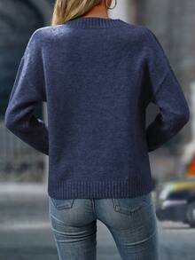 EMERY ROSE Autumn Versatile Casual Loose V-Neck Sweater - Navy Blue - View 2