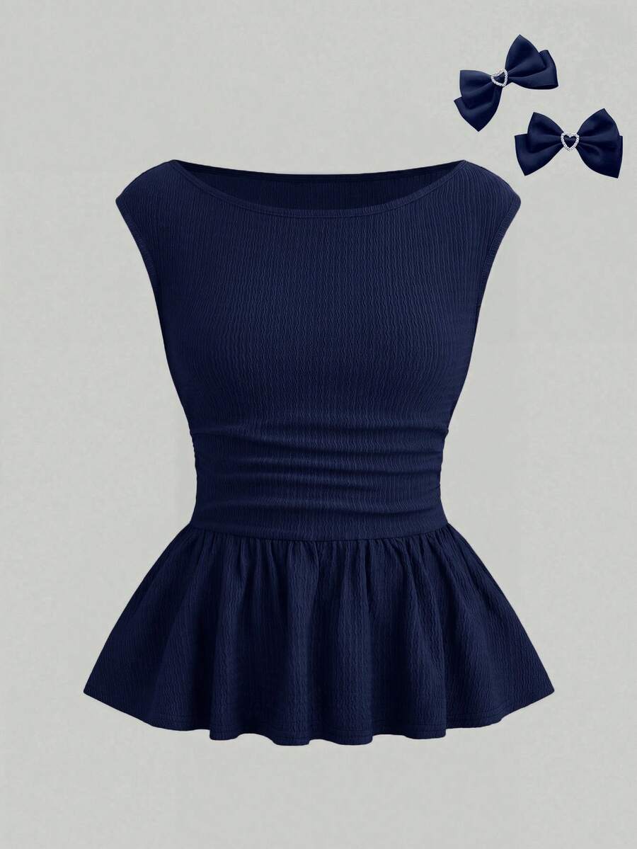 SHEIN Girlism Teen Girl Tween Girls Tank Tops Camis, Summer Teen Girls Cold Shoulder Solid Color Ruffle Hem T-Shirt, Elegant Cute Versatile Navy Top, White Top, Feminine - Navy Blue - View 1