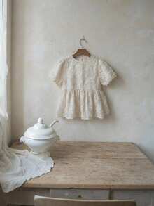 DAZY Round Neck Textured Short Sleeve Design Waist-Cinching Blouse For Young Girls - Beige - View 8
