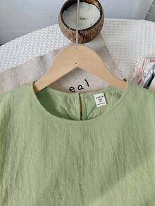 SHEIN 青少年女孩 T-Shirt 套裝 梭織純色荷葉袖 T-Shirt 與碎花長褲休閒套裝 - 綠色 - 查看 7