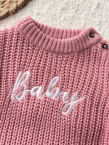 SHEIN 新生兒字母刺繡秋冬針織套裝，包含毛衣、內搭褲、蝴蝶結裝飾襪子與帽子 - 粉色 - 查看 2