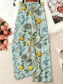EMERY ROSE 2026 Spring/Summer New Bohemian Style Plus Size Women's Pants - Lemon Hummingbird Floral Print High Waist Wide Leg Woven Pants, Plus Size Pants Fall - Multicolor - View 1