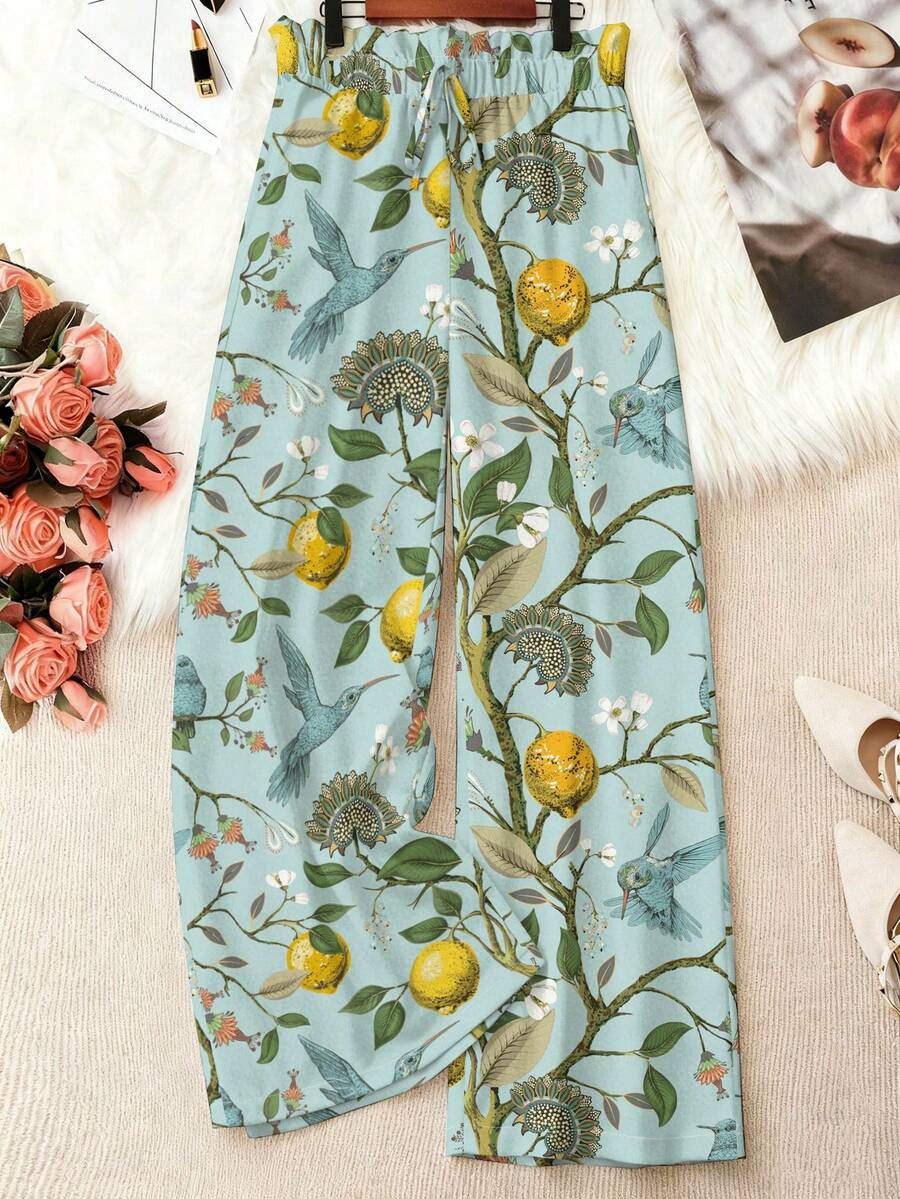 EMERY ROSE 2026 Spring/Summer New Bohemian Style Plus Size Women's Pants - Lemon Hummingbird Floral Print High Waist Wide Leg Woven Pants, Plus Size Pants Fall - Multicolor - View 1